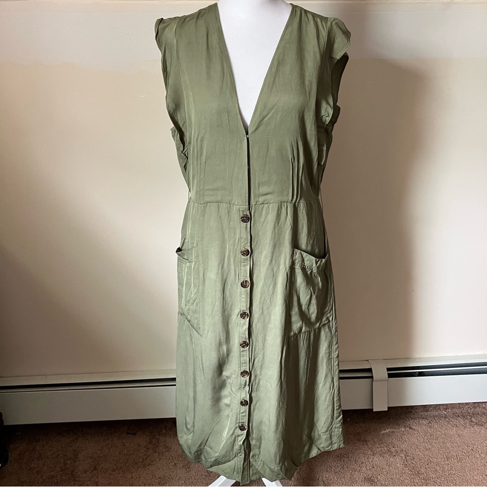 Reiss Emma Plunge Linen Blend Olive Green Button Up Midi Dress size 10 - Picture 5 of 14